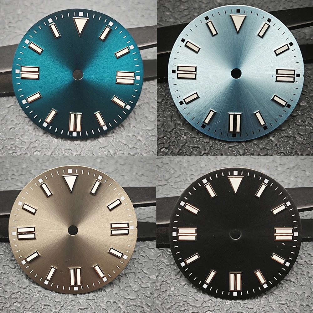 Esferas de reloj luminosas verdes de 28,5mm, tiras de rayos solares, clavos, esferas de reloj sin fecha, accesorios de repuesto para movimientos NH35/8215/2813/2836