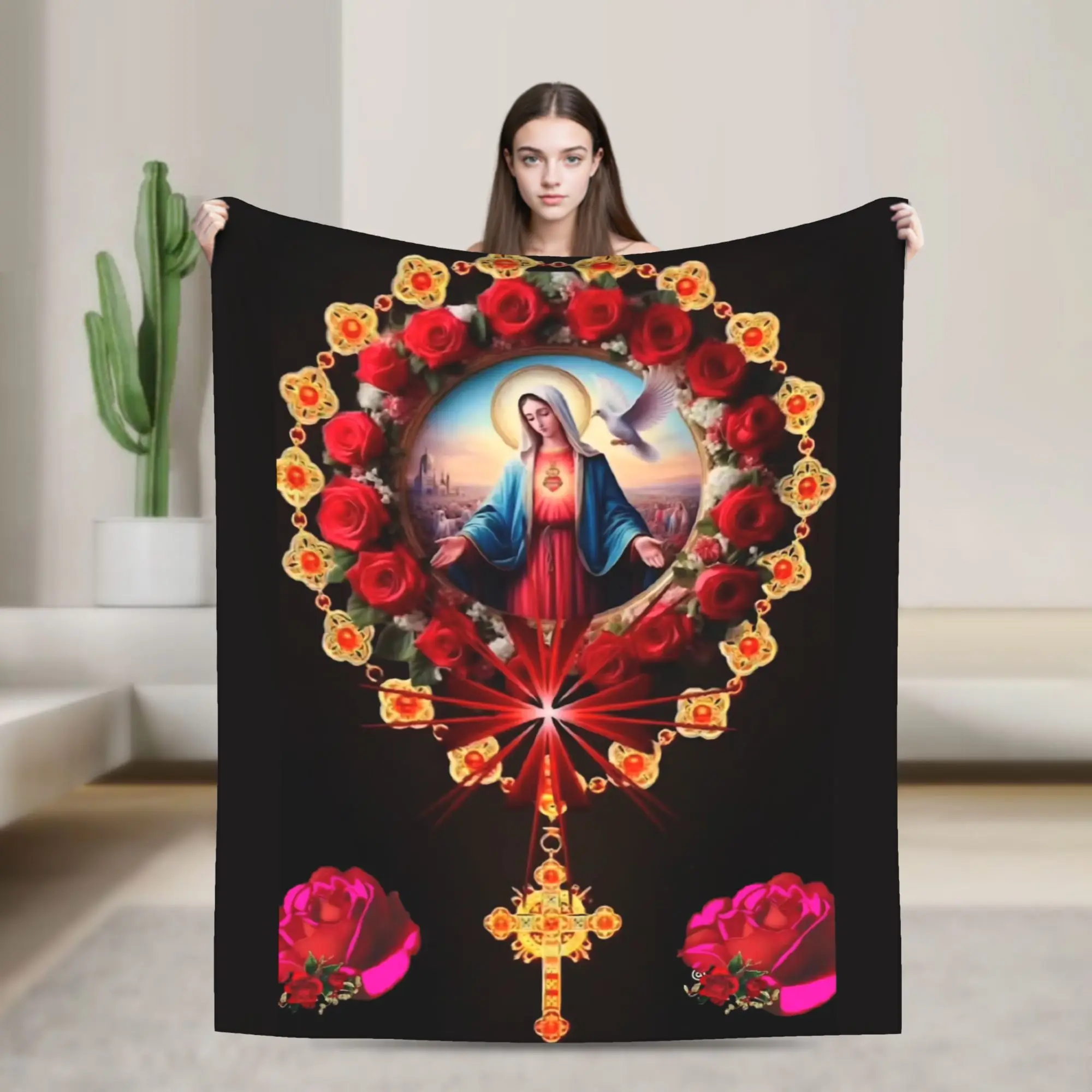 

Фланелевое одеяло Девы с розами, теплое мягкое одеяло для спальни, декоративное эстетическое покрывало, покрывало для дивана-кровати