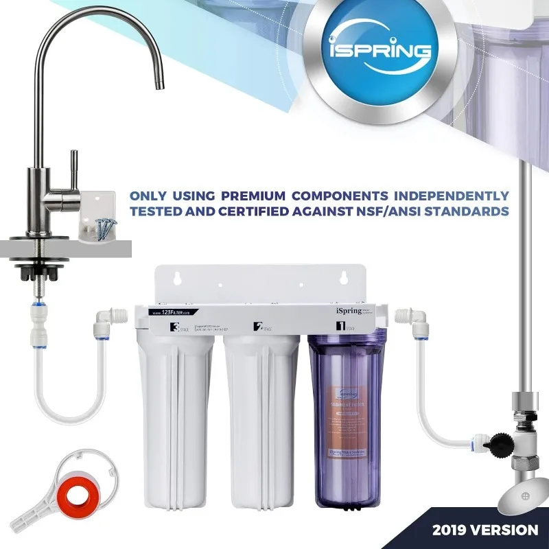 iSpring US31 Classic 3-Stage Under Sink Water Filtration System for Drinking, Tankless, High Capacity, Sediment + Carbon +Carbon