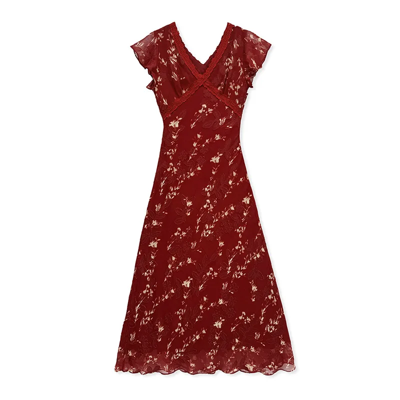 Vestido largo floral color burdeos para mujer, cuello en V profundo, ribete de encaje, manga corta con volantes, lazo en la espalda, vestido largo, traje de verano para vacaciones en la playa
