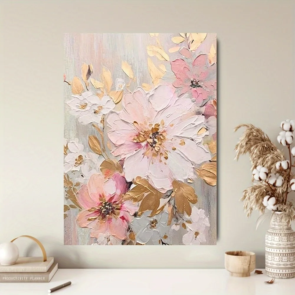 1pc Contemporary  Floral Canvas Wall Art No Frame, Textured Pink & Peach Flowers on Greenish-Gray Background, Perfect for Living