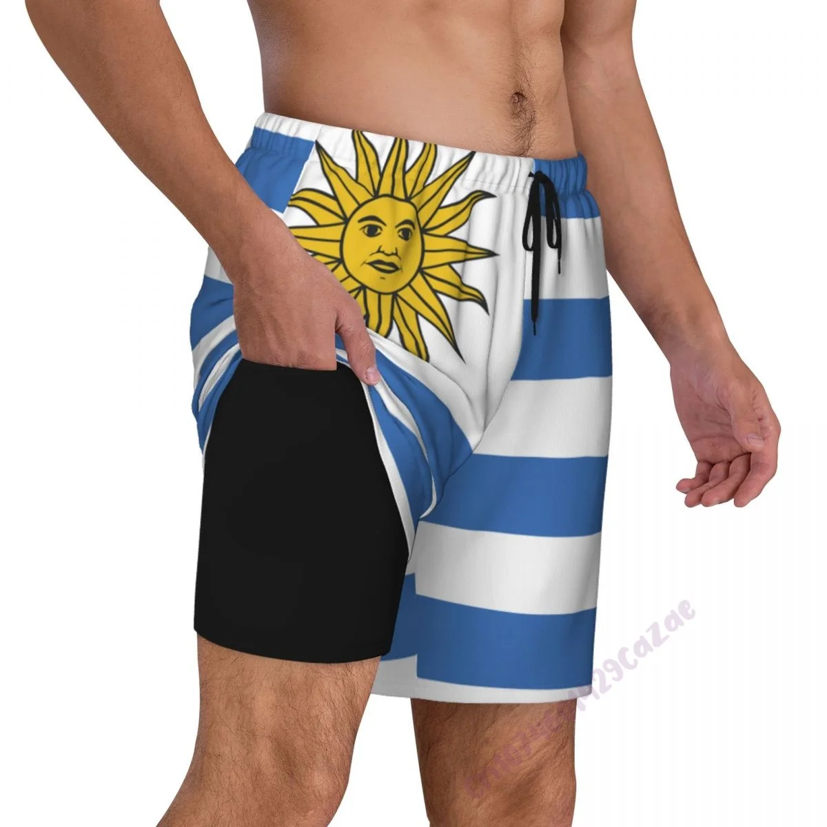 

Uruguay Country Flag 3D Mens Swimming Trunks With Compression Liner 2 in 1 Quick-Dry Swim Shorts With Pockets for Summer Gift