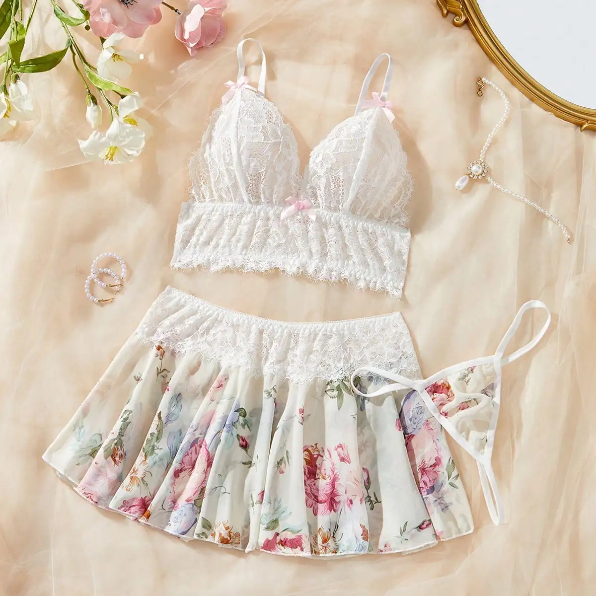 Nova lingerie sexy definir o pescoço com renda profunda v sem costas conjunto de lingerie sexy para mulher