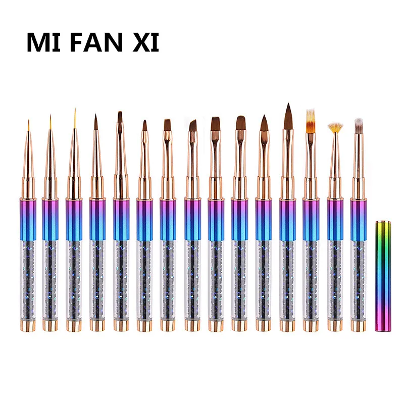 15Style Art Nails Brush Pen Rhinestone Metal Acrylic Handle Liner Pointing Fan Design Crystal Painting Drawing Sculpture Pen