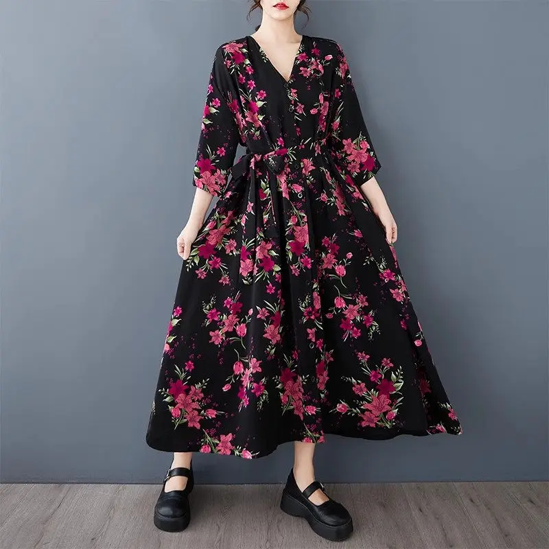 

Luxury Large Size Bohemian Beach Dress - 2025 Spring-Summer Casual 3/4 Sleeve Single-Breasted Mid-Length Dress G292