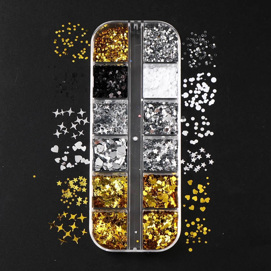 12 شبكة من الترتر اللامع لتزيين الأظافر بأشكال قلوب ونجوم ذهبية وفضية وسوداء وبيضاء ونقاط صغيرة لتزيين الأظافر بنفسك