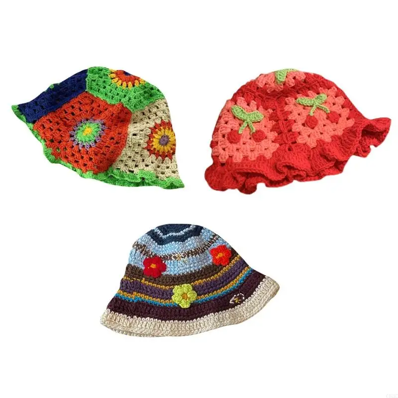 C63C Sweet Knitted Bucket Hat Crochet Basin Hat Flower Pattern Fisherman Hat Show Face Small All-match for Street