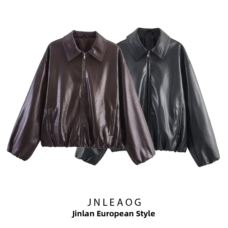 Faionable Pilot Jaet Outerwear Women's Autumn New Sle Leather Simulation Windproof Long Sve Turn-down Collar Coat