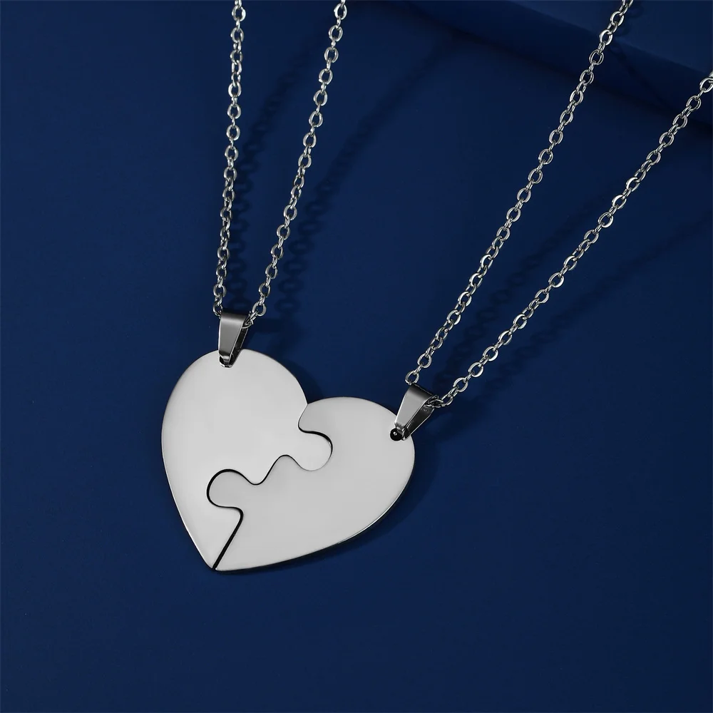 2Pcs Heart Puzzle Pendant Necklace Couple Jewelry Stainless Steel Fashion Choker for Men Women Trend Party Gift