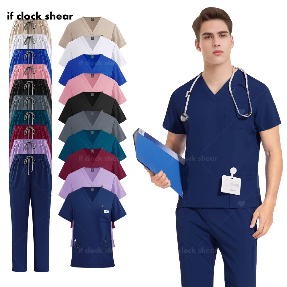 Hoge kwaliteit medische verpleegster uniform scrub set uniforme mannen moderne v-hals werktop en broek ziekenhuis arts werkkleding chirurgisch pak