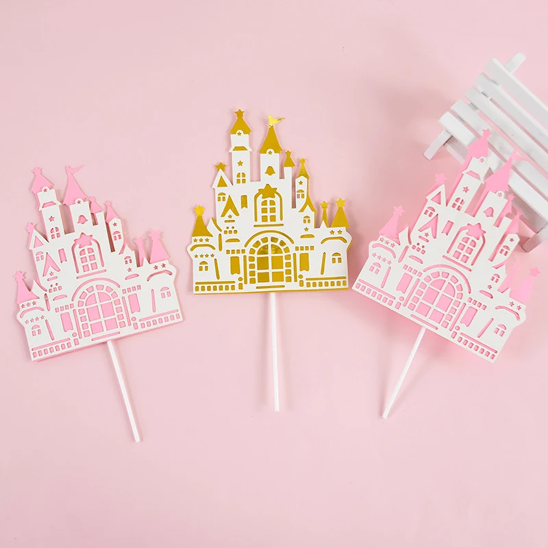 5Pc Cartoon Fairy Tale Castle Pink Gold Cake Decoration Princess Little Prince Happy Birthday Party Kids Cupcake Topper