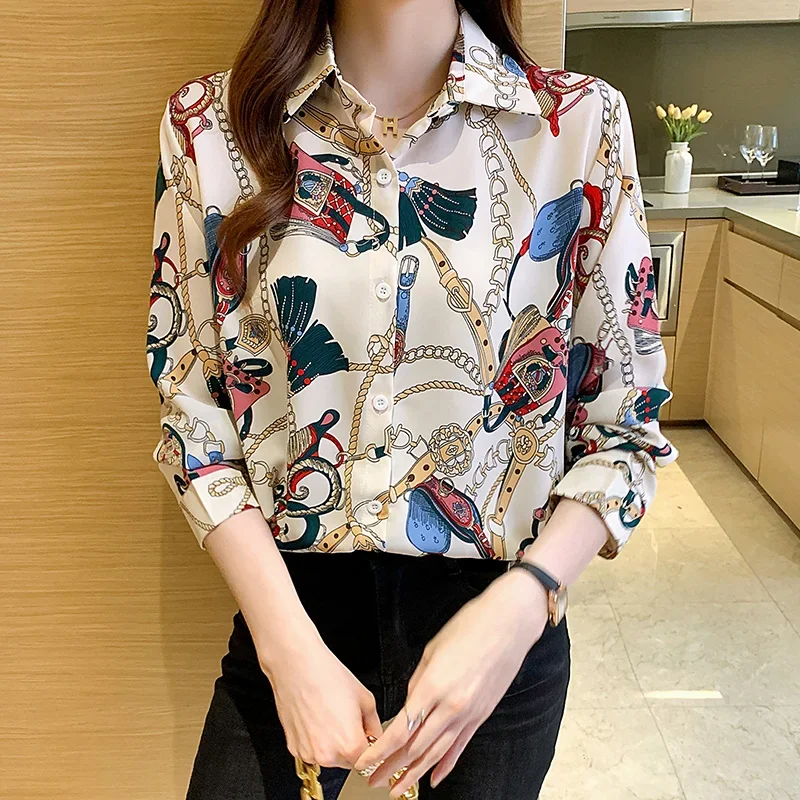 

Fashion chain print ladies shirts New Spring Women Blouses Long Sleeve Shirts Tops Blusas Mujer
