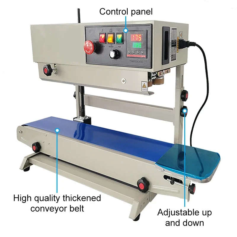 FR900 Factory Continuous Band Sealer Stainless Steel Food Bag Adjustable Printing Date Horizontal Vertical Type Sealing Machine