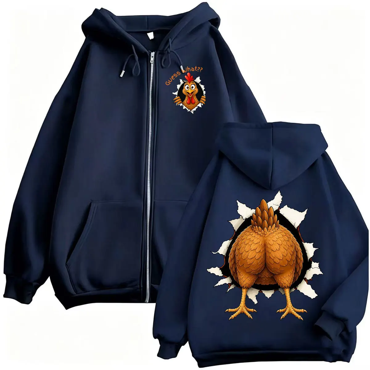 Funny Cute Guess What Chicken Butt Zipper Hoodies Men Women Fashion Retro Humor Jacket Sweatshirt Coats Long Sleeve Zip Up Hoody