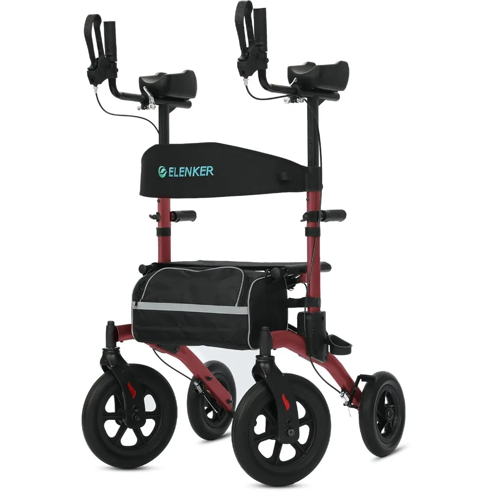 All-Terrain Upright Rollator Walker, Stand up Rolling Walker with Seat, 12” Non-Pneumatic Tire Wheels