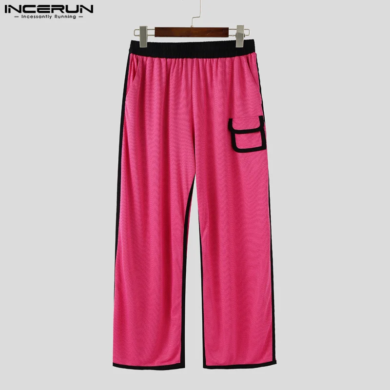 

INCERUN 2025 Men Pants Patchwork Elastic Waist Joggers Pockets Straight Trousers Men Streetwear Joggers Casual Male Long Pants