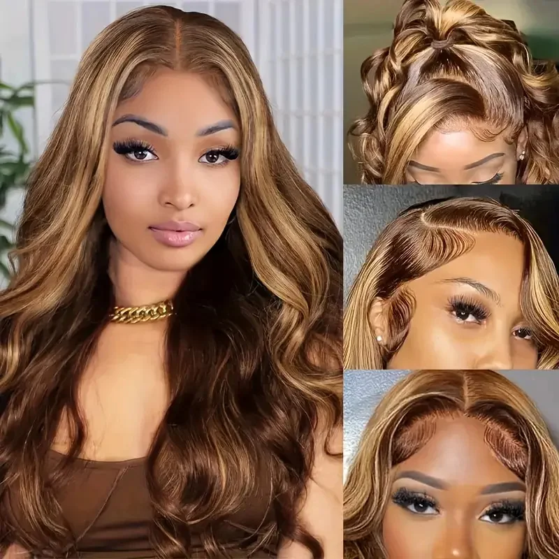 220%Density  Highlight Ombre Body Wave 13x4 Lace Frontal Wigs 4/27 Blonde Brown Colored 13x6 Lace Front Human Hair Wig For Women