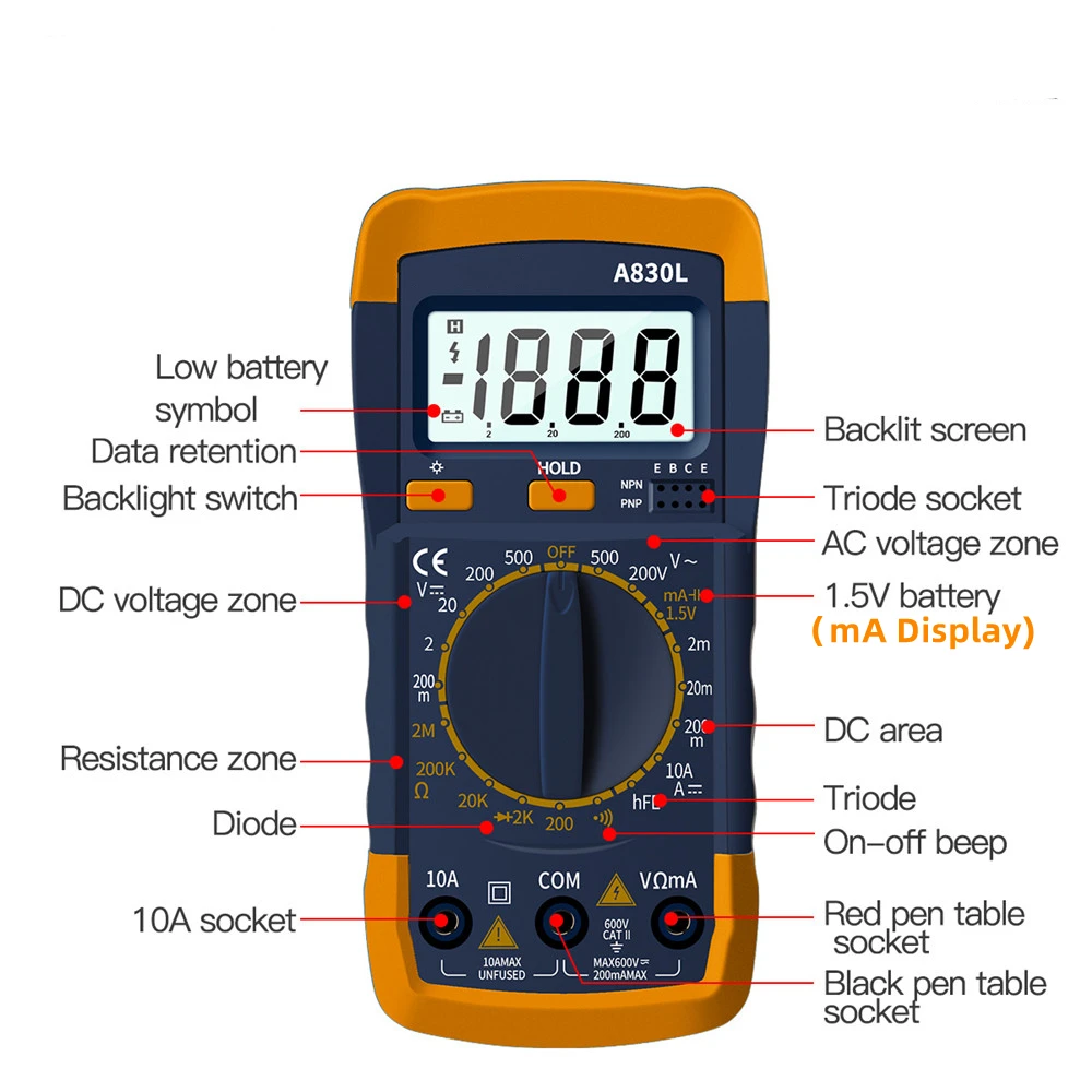 A830L LCD Digital Multimeter AC DC Voltage Diode Freguency Multitester Current Tester Luminous Display with Buzzer Function