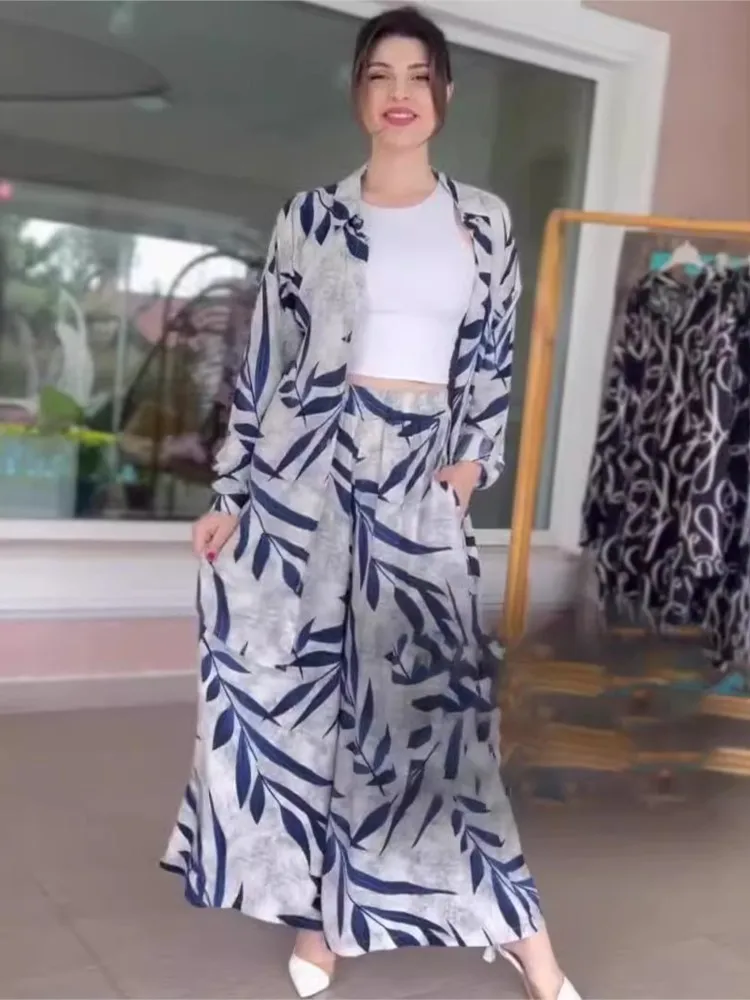 

Casual Sets Printed Pants Sets Long Sleeve Blouses Single Breasted High Waist Wide Leg Pants Women Matching Looes Outfits Sets