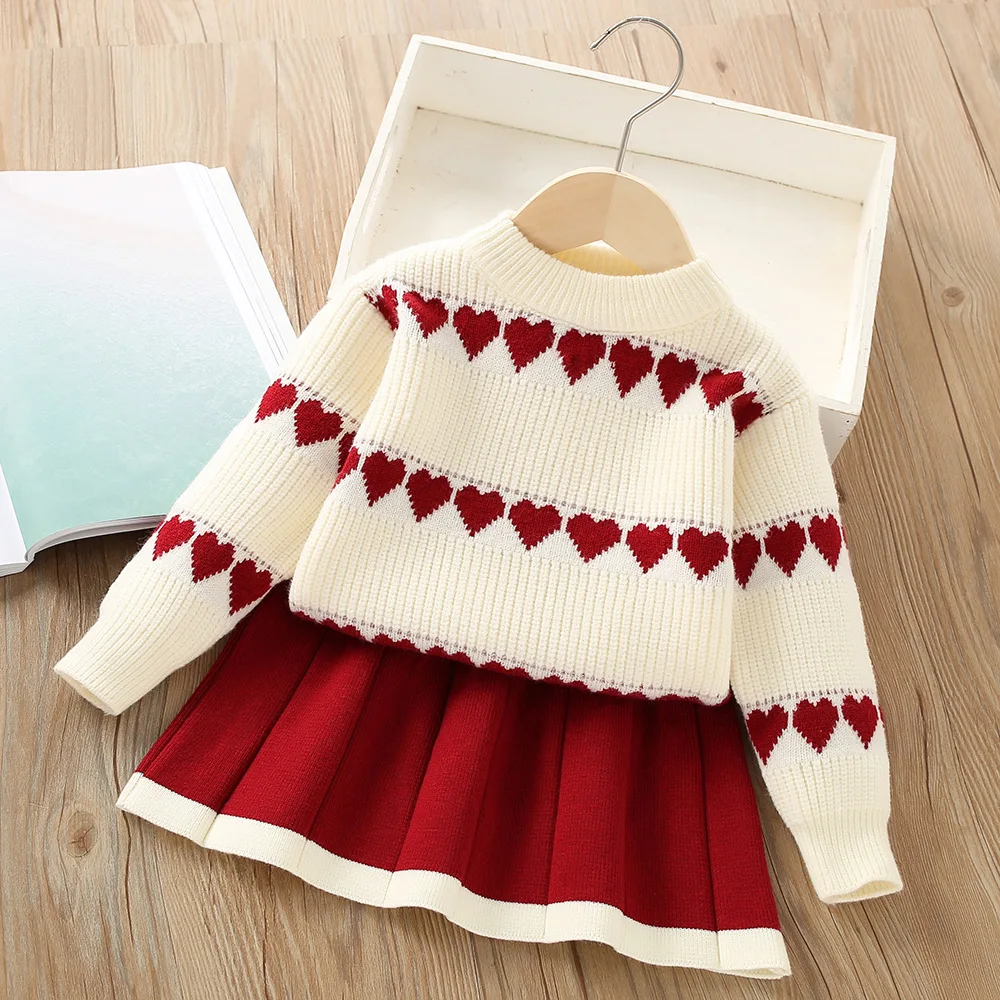 Girl\'s Knitted Skirt Set Autumn/Winter New Baby Heart Knitted Sweater Short Skirt Two piece Set for Starting School Season  wear