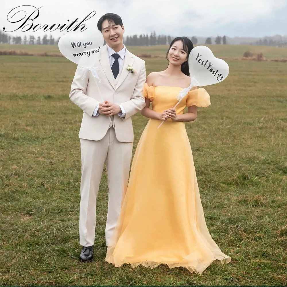 

Bowith Yellow Korean Prom Dresses Off the Shoulder Puff Sleeves Evening Party Dresses Silk Organza パーティードレス