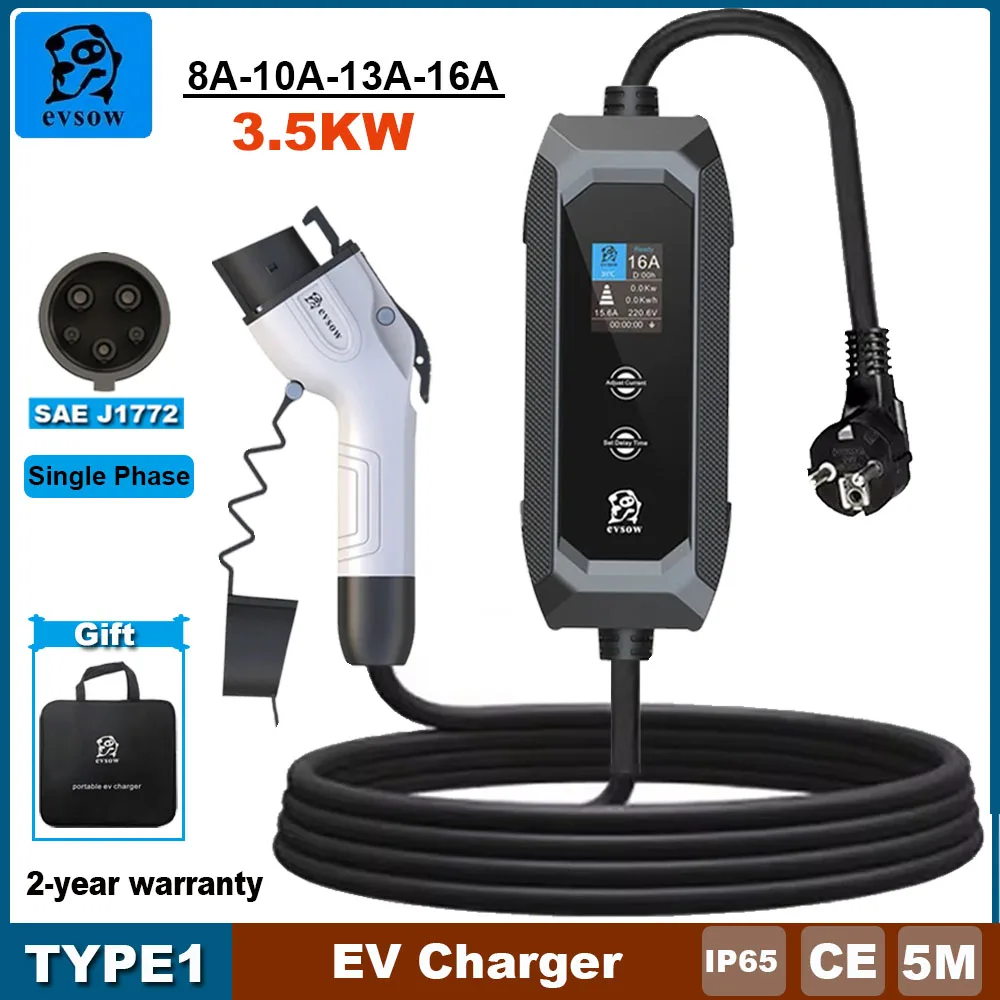 

evsow 3.5KW Portable EV Charger Type1 J1772 16A Single Phase Electric Car Charger 8A-10A-13A-16A Adjustable Wallbox EVSE Charger