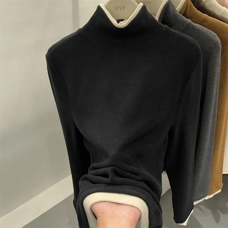 Plus Size Women Autumn Winter Soft Turtleneck Long Sleeve Thermal Slim Dralon Undershirt