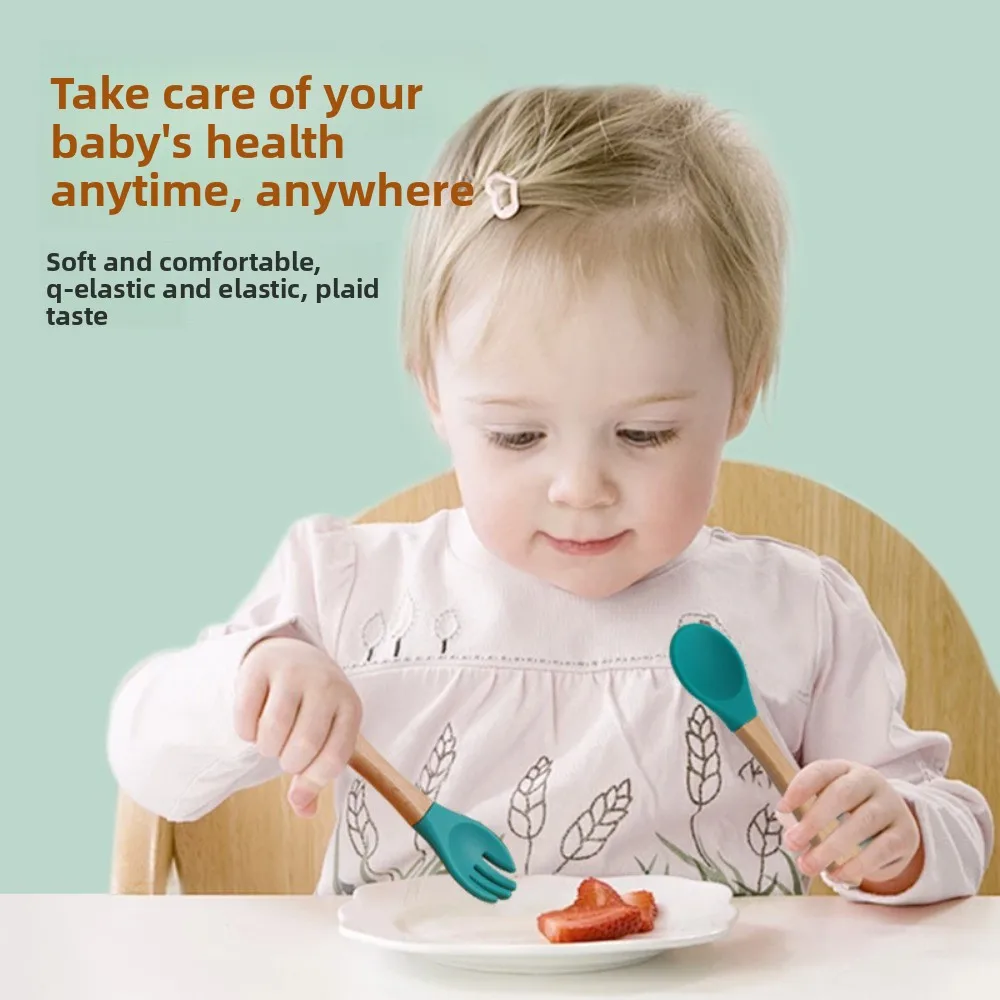 

Детская силиконовая ложка, вилка и ложка для прикорма, детская ложка с деревянной ручкой и мягким наконечником, детская ложка
