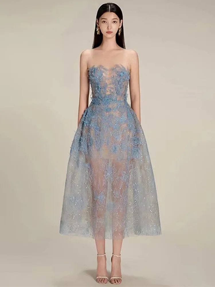 

2024 Spring Summer Womens Dress Sleeveless Blue Mid Calf Lace