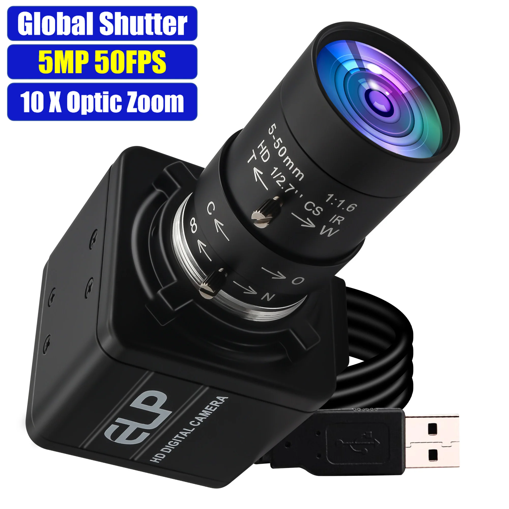 ELP 5MP Global Shutter 10X Zoom USB Camera Industrial High Speed 5MP 50FPS 1080P 60FPS Mini UVC Webcam For Car Plate Recognition