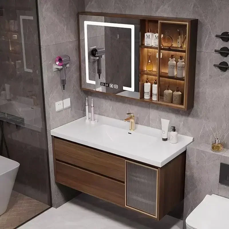 Modern Luxury Bathroom Cabinet Smart Mirror Ceramic Integrated Basin Bathroom Vanity Cabinet Sink Bathroom Furniture