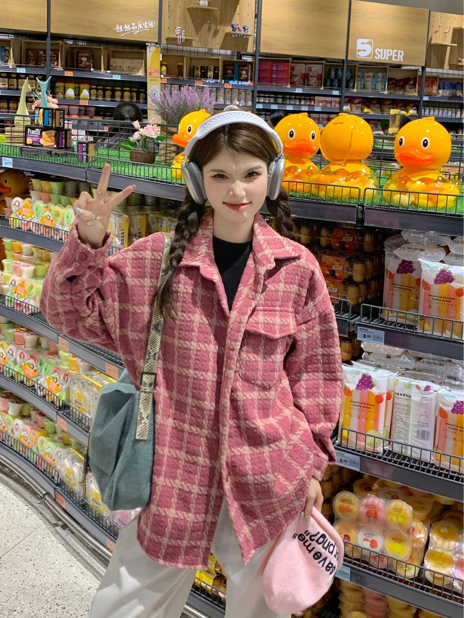 

Retro Pink Plaid Long-sleeve Shirt Thickened Flocked Mid-length Casual Top Women's Autumn Harajuku Chic Niche Preppy Clothing