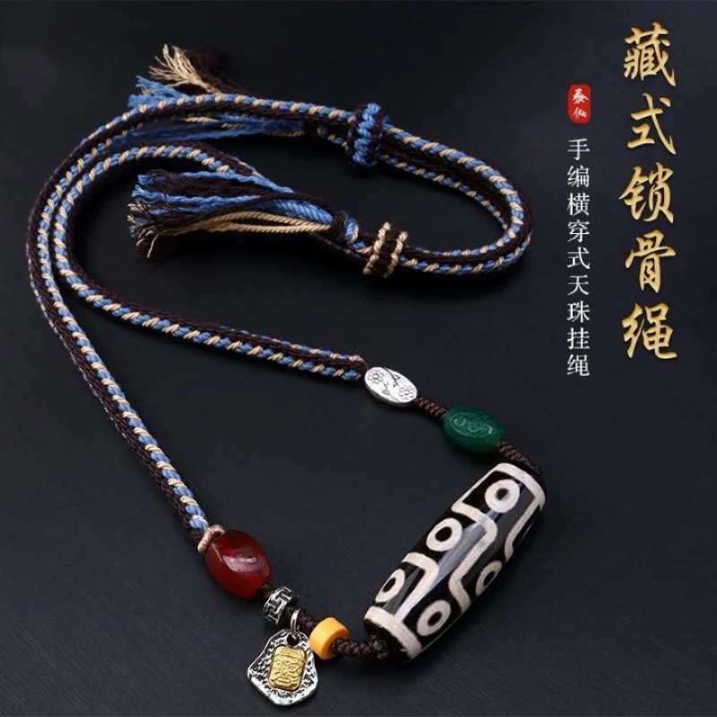 

High-End Tibetan Handmade Braid Rope Tibet Beads Cross-through Necklace Rope Crafts Pendant Rope Pendant Rope Clavicle Chain Adj