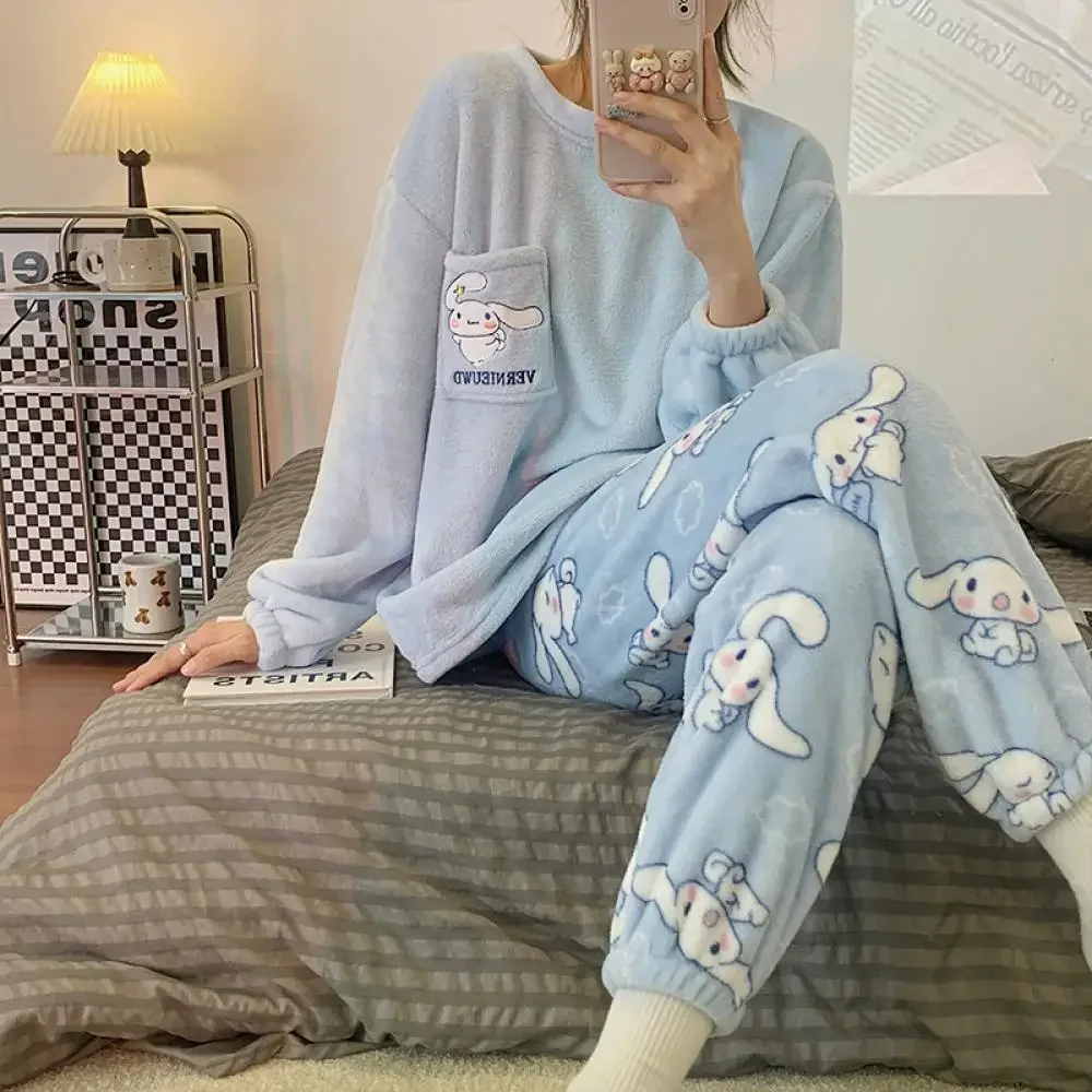 Sanrioed Cartoon Pochacco Coral Fleece Pajamas Set Anime Kawaii Spring Women Plush Homewear Cute Girl Student Loose Warm Clothes