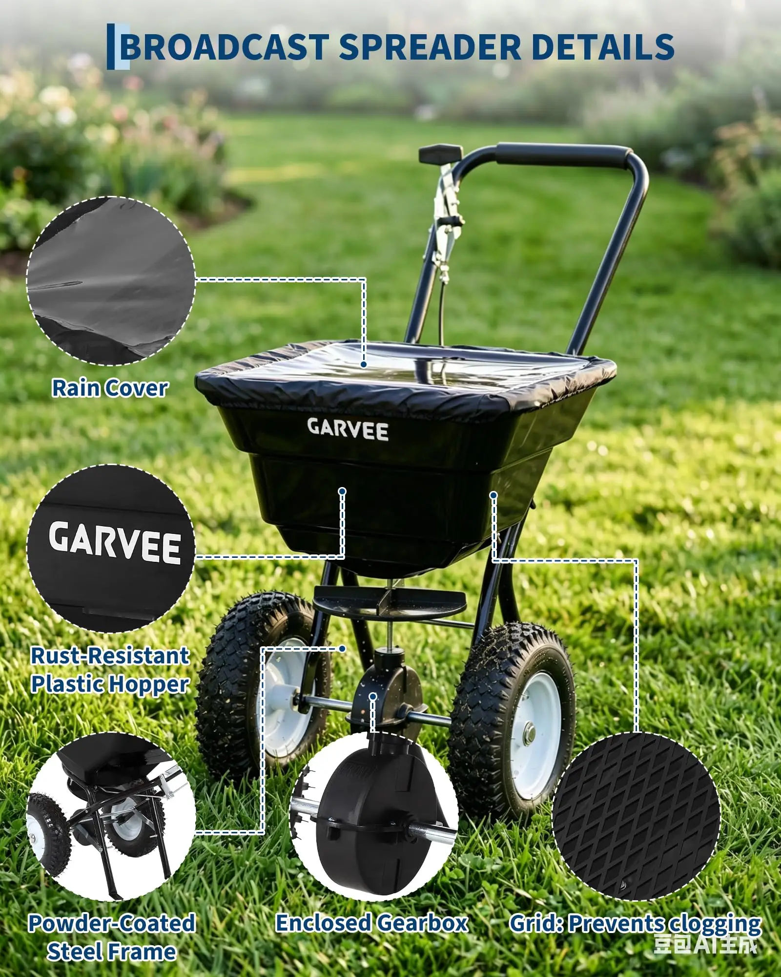 80 LBS Push Broadcast Spreader With 12FT Spreading Width 13Inch All-Terrain Wheels Adjustable Flow Control Heavy Duty Walk Behind Lawn Spreader For Fertilizer Grass Seed Ice Melt Salt - view 8