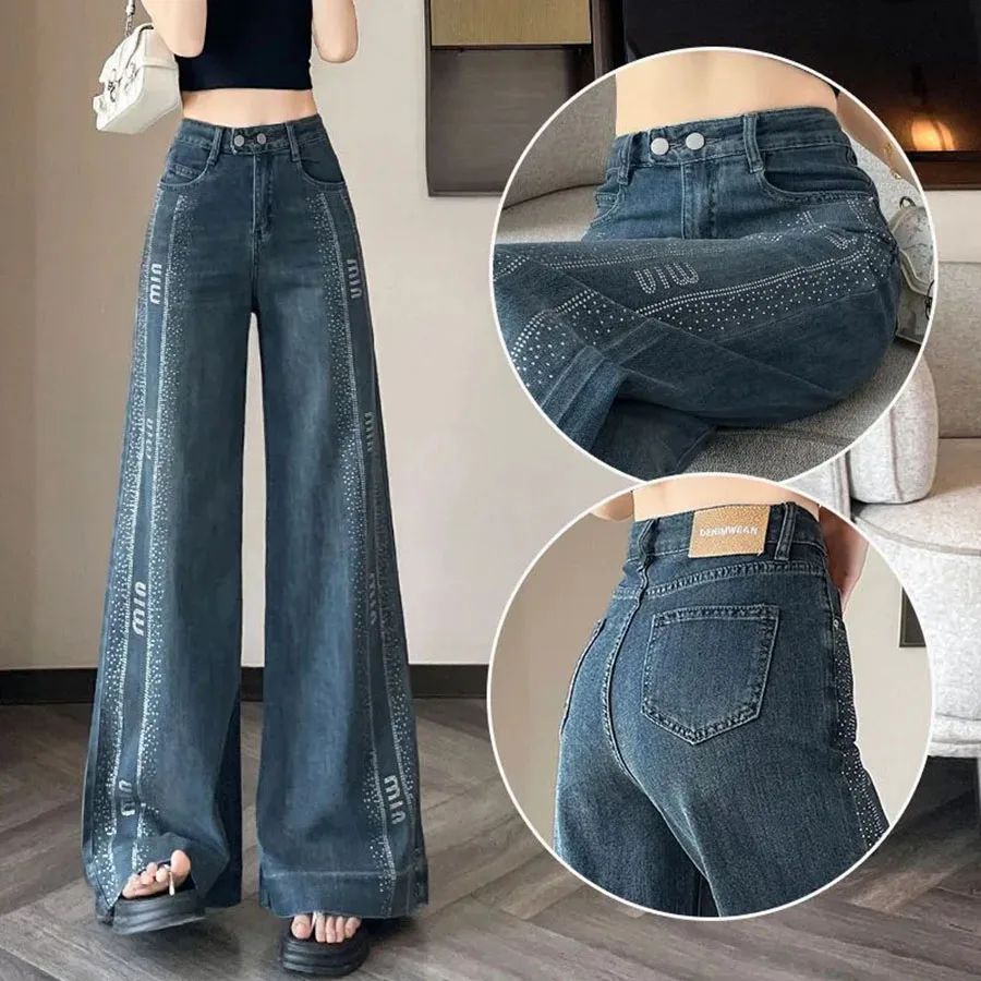 

Весенне-осенние новые джинсы с высокой талией в стиле ретро со стразами, широкие брюки, женские тонкие дизайнерские свободные прямые ковбойские женские брюки