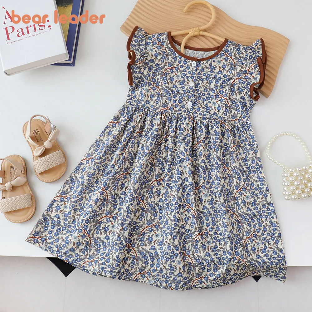 Bear Leader Summer Flying Sleeve Round Neck Girls Princess Dress 3-7 Years Flower Kids Clothes with Button