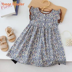 Bear Leader Summer Flying Sleeve Round Neck Girls Princess Dress 3-7 Years Flower Kids Clothes with Button