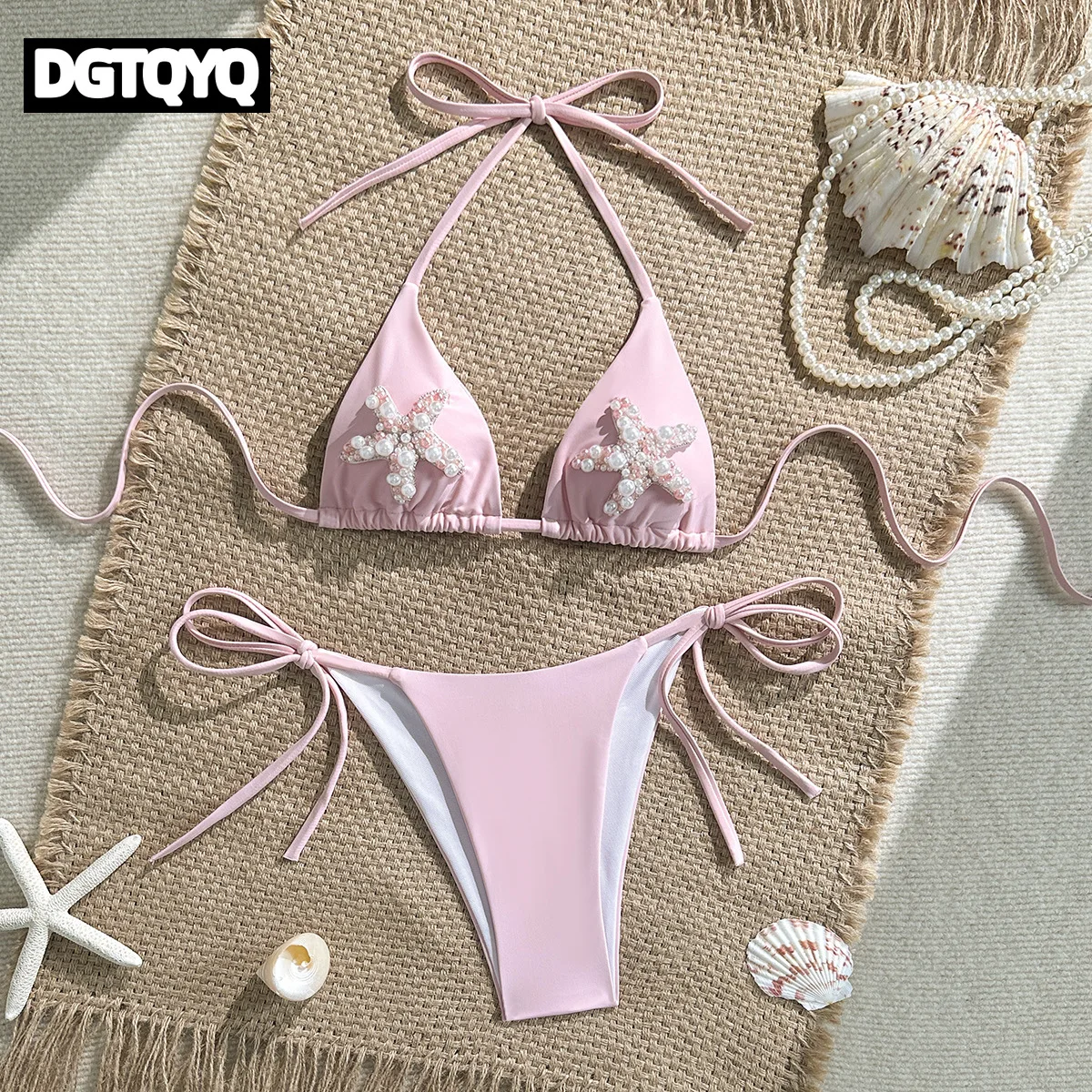 

Розовое бандажное бикини для женщин, сексуальный купальник со съемными бретелями, декор в виде морской звезды, модный купальник для трансграничной торговли, нейлоновая ткань