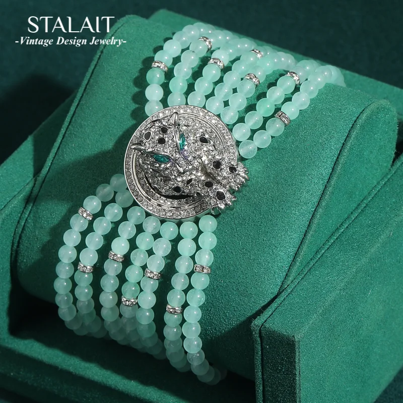 

Vintage Green Jade Bracelet Layered Beads Silver Plated Leopard Head Transparent Wide Zircon Rhinestone Luxury Brands Woman New