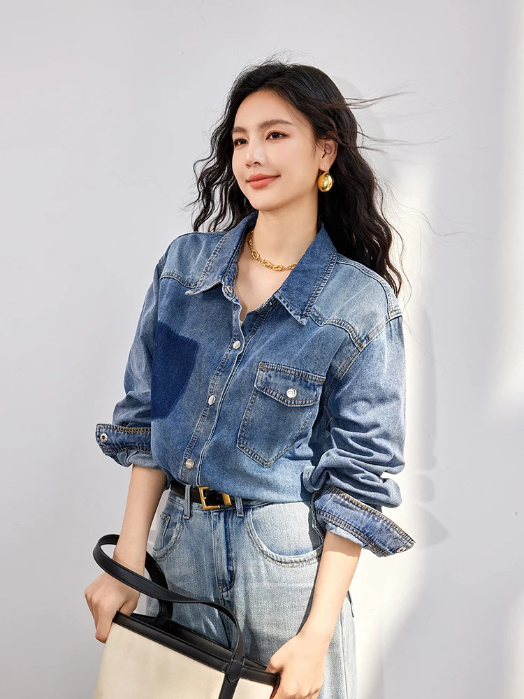 Korean Style Fashion Denim Blouse Women Elegant Lapel Long-Sleeved Shirt Chic Design Jean Shirts Autumn Single-Breasted Tops