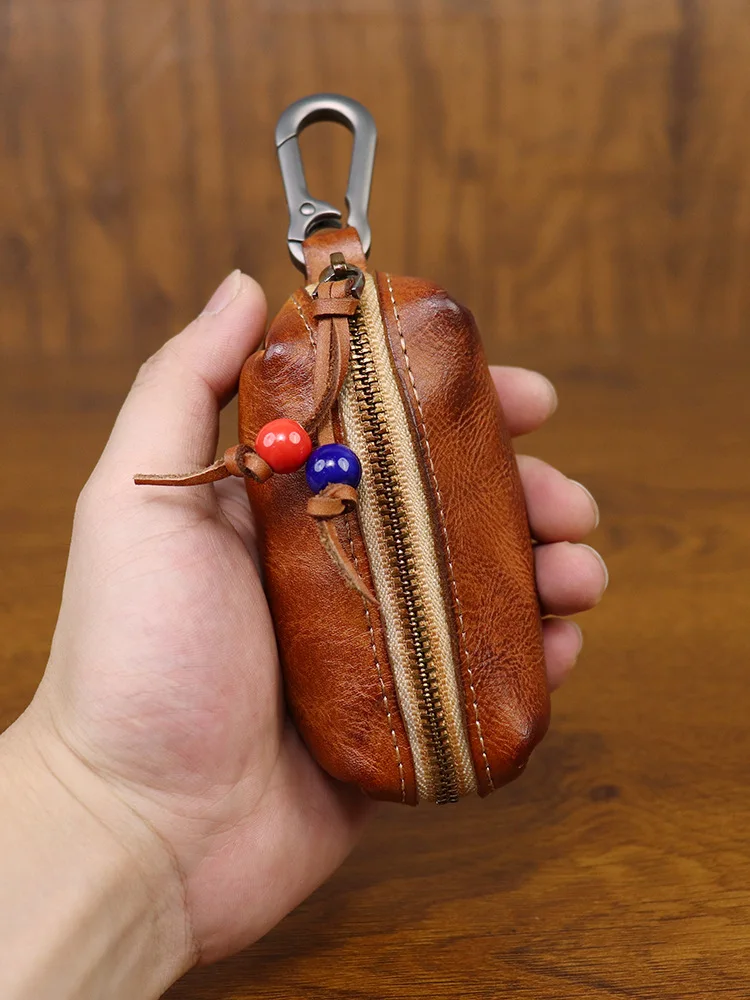 Men's Retro Distressed Leather Key Wallets Handmade Waist Keychain Holder Veg Tanned Leather Pouch