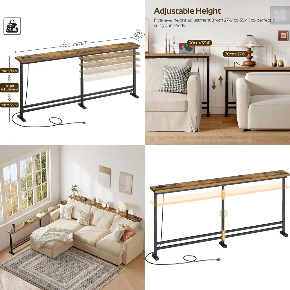Adjustable Height Sofa Table with Power Outlet, 27.6-35.4, Skinny Design for Living Spaces, Rustic Brown and Black