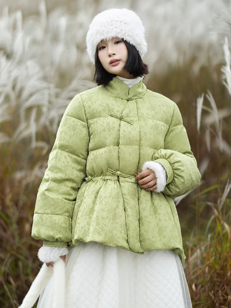 

Thi White Du down ort Jaet Women's Winter Coat Stand Collar Button Design Waist-Cinching Outerwear Sweet Sle