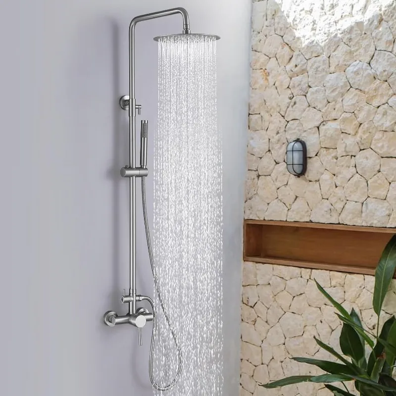 Wall Mount Outdoor Shower Kit, Outside Shower Faucet with Height Adjustable Rain Shower Head and Handheld, Exposed Shower