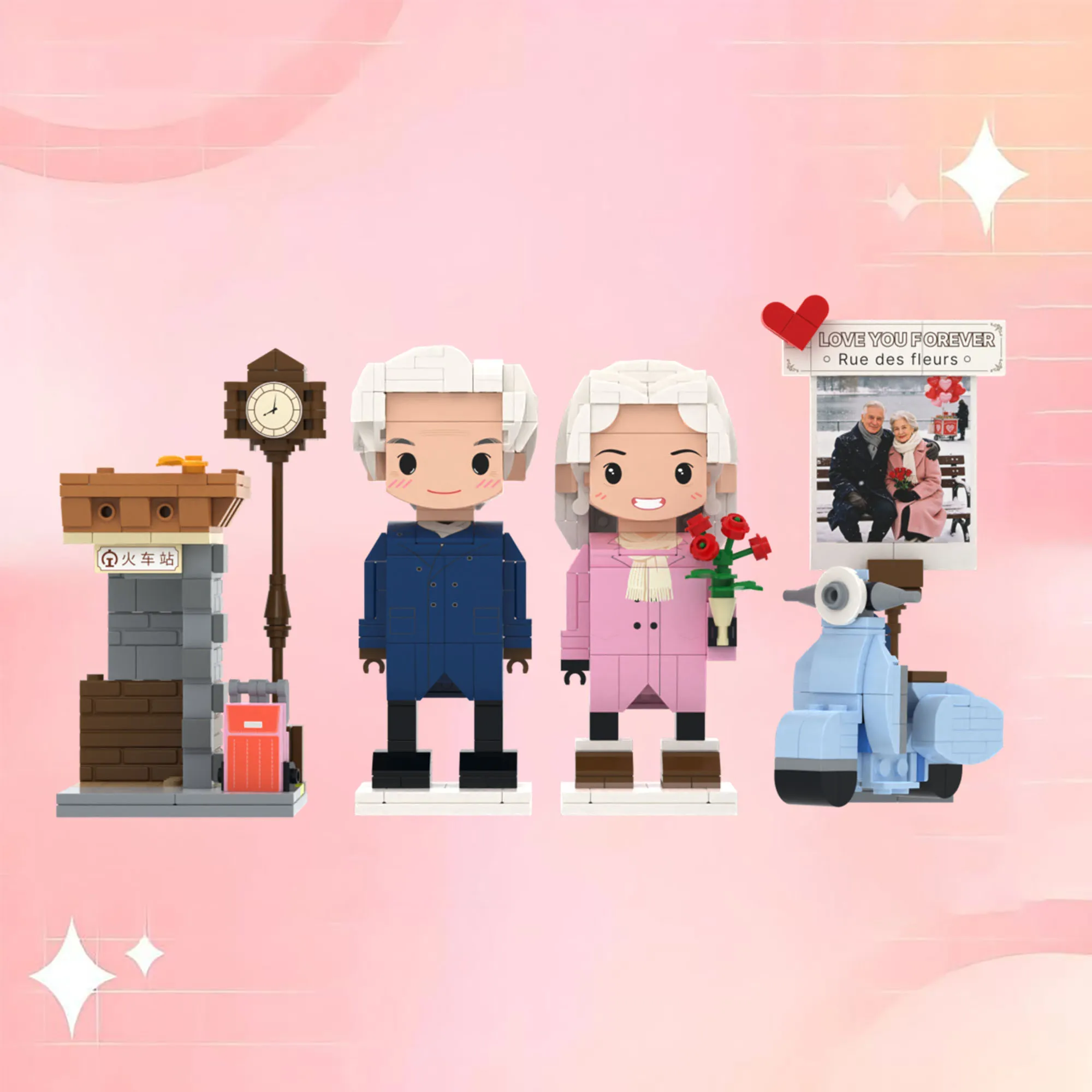 

Custom Human Couple Brick Figures Personalized Photo Building Blocks with Train Station & Scooter Home Decor Ornament