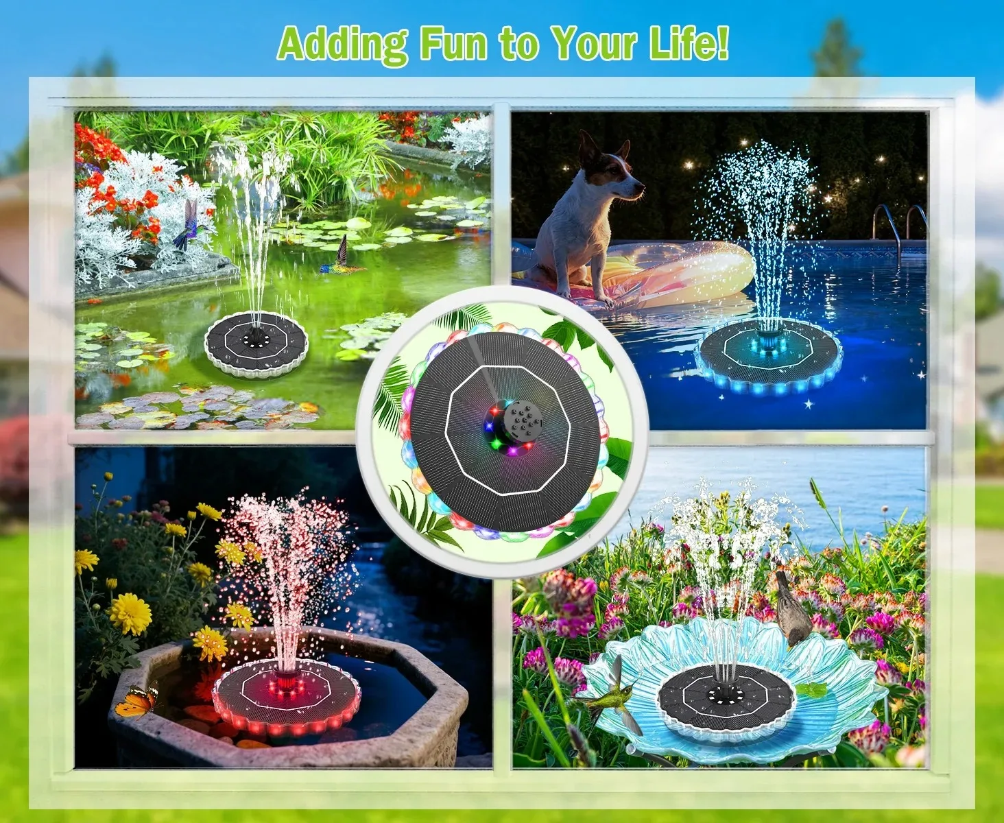 3,5W Solar-Vogelbadbrunnen mit bunten LED-Lichtern, eingebauter Batterie, 8 Düsen, 4 Schutzstangen, ideale Dekoration für Gartenteiche – Detail 6