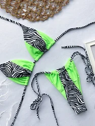 Conjunto de biquíni com estampa zebra para mulheres, bandeau halter, maiô de corda feminino, biquíni brilhante de néon, maiô leopardo 2024