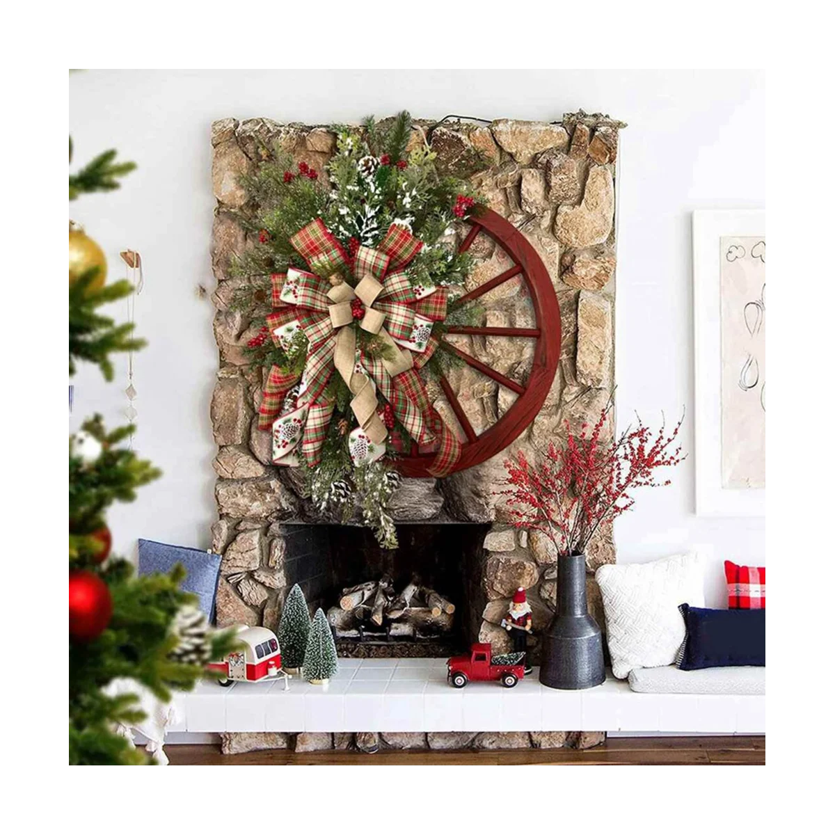 Christmas Winter Wreath Door Pendant Farmhouse Carriage Wheel Christmas Ornament Wreath Christmas Pine Cone Wreath(40cm)