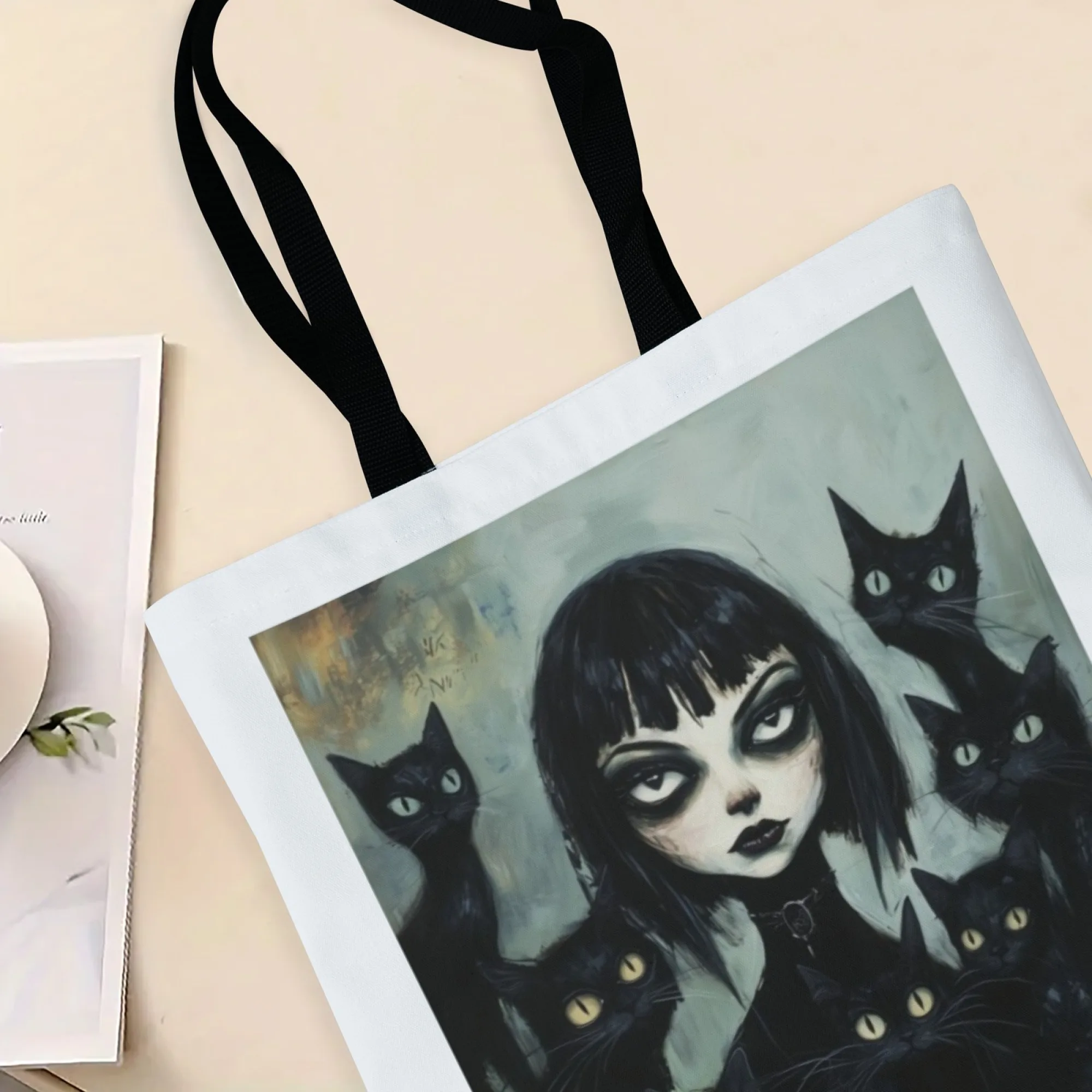 Urban Edgy Gothic Canvas Tote Bag Dark Cat & Girl Art Print Shoulder Bag Women's Stylish Perfect for Dark Aesthetic Fans